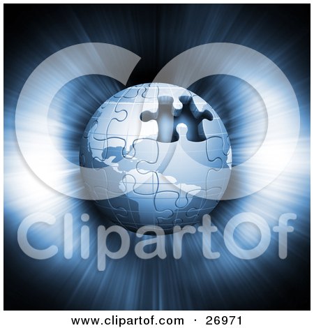 Clipart Illustration of a Blue Jigsaw Puzzle Globe With One Missing Piece, On A Blue Bursting Background by KJ Pargeter