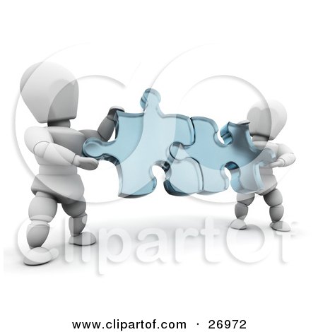 Clipart Illustration of Two White Characters Holding Blue Jigsaw Puzzle Pieces And Fitting Them Together by KJ Pargeter