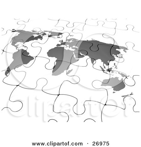 Clipart Illustration of a Completed Gray And White World Map Puzzle by KJ Pargeter