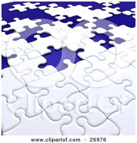 Clipart Illustration of an Incomplete White Jigsaw Puzzle With Scattered Blue Spaces Of Missing Pieces by KJ Pargeter