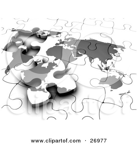 Clipart Illustration of a Final Piece, Featuring North America, Of A Gray And White World Map Jigsaw Puzzle Resting Near Its Space by KJ Pargeter