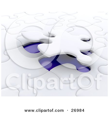 Clipart Illustration of a Piece Of A White Jigsaw Puzzle Closing Down On A Blue Space by KJ Pargeter