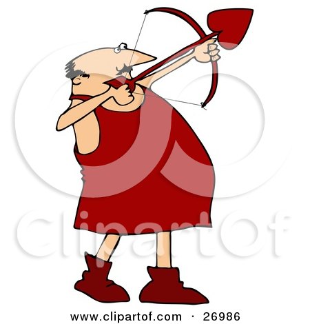 Clipart Illustration of a Chubby Male Cupid In Red Boots, Aiming A Heart Shaped Arrow With A Bow On Valentine's Day by djart