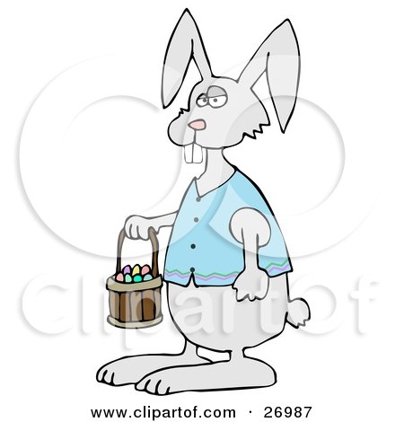 Clipart Illustration of a Cute Gray Buck Toothed Bunny In A Blue Vest, Carrying A Basket Of Colorful Easter Eggs by djart