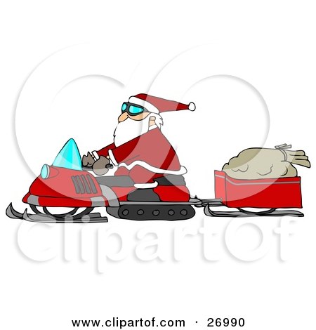 Clipart Illustration of Santa Claus Snowmobiling To Deliver Presents, His Sack Of Toys In A Trailer Behind Him by djart