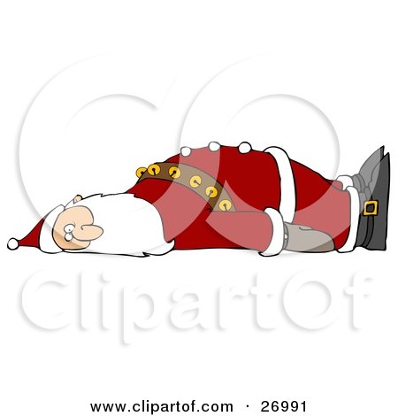 Clipart Illustration of an Exhausted Santa Claus Laying On His Back And Looking Towards The Viewer, Crashing After Delivering Gifts Worldwide by djart