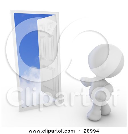 Clipart Illustration of a White Meta Man Standing In Front Of An Open Door With A Puffy White Cloud Step And A Deep Blue Sky by Leo Blanchette