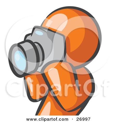 Clipart Illustration of an Orange Man Holding Up A Digital Camera And Taking Photos by Leo Blanchette
