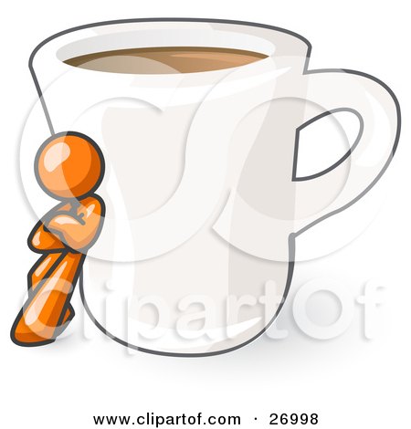 Clipart Illustration of an Orange Man Leaning Against A Giant White Cup Of Coffee by Leo Blanchette