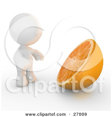Clipart Illustration of a White Meta Man Standing In Front Of A Giant Halved Orange by Leo Blanchette