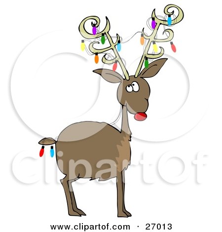 Clipart Illustration of Rudolph The Red Nosed Reindeer With Colorful Christmas Lights Decorating His Antlers And Tail by djart
