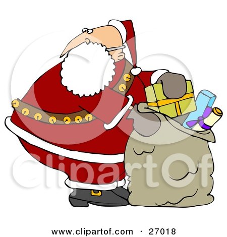 Clipart Illustration of Santa Claus Looking Over His Shoulder While Stuffing His Toy Sack Full Of Gifts by djart