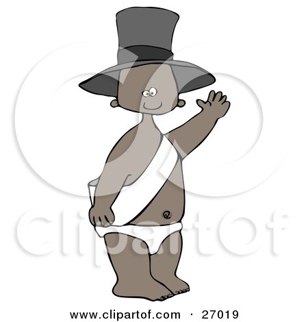 Clipart Illustration of a Happy Black New Year's Baby Wearing A Sash, Diaper And A Hat And Waving by djart