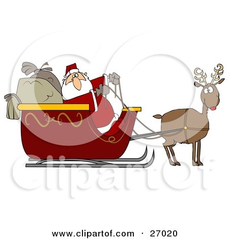Clipart Illustration of Rudolph The Red Nosed Reindeer Pulling Santa Claus And His Heavy Toy Sacks In A Red Sleigh by djart