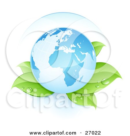 Clipart Illustration of Blue Planet Earth Resting Gently On Top Of Dew Covered Plant Leaves by beboy