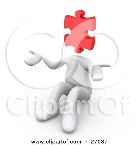 White Person With A Red Jigsaw Puzzle Piece Head, Sitting And Shrugging, Symbolizing Uncertainty Or Confusion Posters, Art Prints