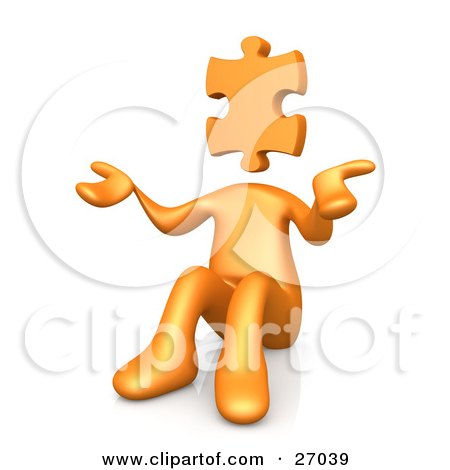 Orange Person With A Jigsaw Puzzle Piece Head, Sitting And Shrugging, Symbolizing Uncertainty Or Confusion Posters, Art Prints