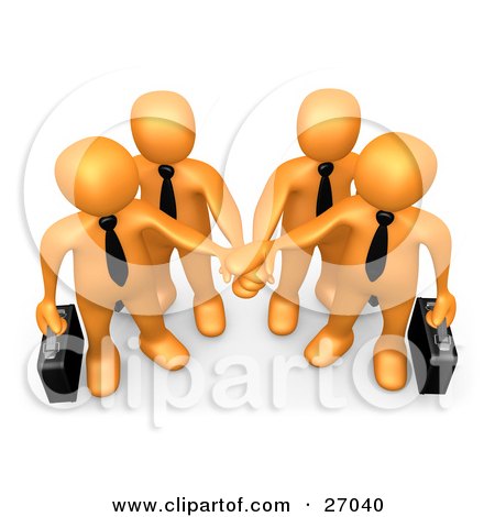 Clipart Illustration of Four Orange Business People Carrying Briefcases And Standing With Their Hands Piled, Symbolizing Teamwork, Cooperation, Support, Unity And Goals by 3poD