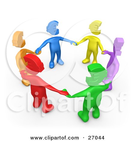 Clipart Illustration of a Group Of Diverse Blue, Yellow, Purple, Green, Red And Orange People With Euro Heads, Standing In A Circle And Holding Hands by 3poD