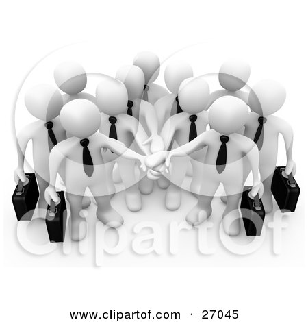 Group Of White Business People Carrying Briefcases And Standing With Their Hands Piled, Symbolizing Teamwork, Cooperation, Support, Unity And Goals Posters, Art Prints
