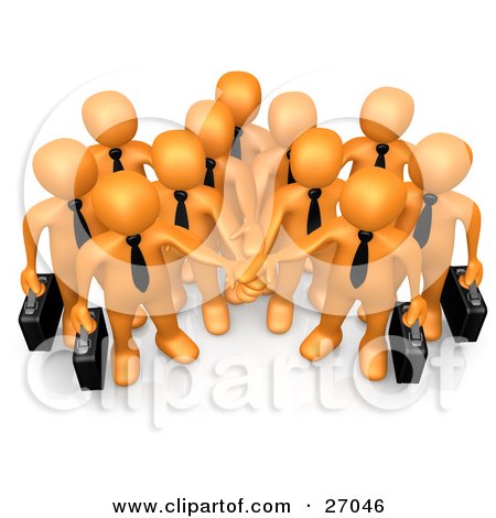 Group Of Orange Business People Carrying Briefcases And Standing With Their Hands Piled, Symbolizing Teamwork, Cooperation, Support, Unity And Goals Posters, Art Prints