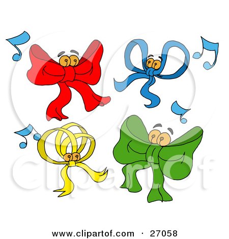 Clipart Illustration of a Group Of Red, Blue, Yellow And Green Dancing Bows With Music Notes And Bells As Eyeballs by LaffToon