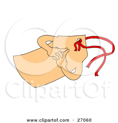 Clipart Illustration of a Tan Christmas Gift Label Or Price Tag With Arms And A Red Ribbon by LaffToon