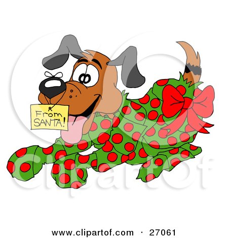Clipart Illustration of an Excited Puppy Wrapped In Green And Red Polka Dot Wrapping Paper With A Red Bow And A From Santa Gift Tag On His Nose by LaffToon
