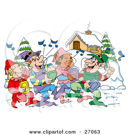 Clipart Illustration of a Group Of Happy Elves Walking Through A Winter Village And Listening To Christmas Music On CD Players by LaffToon