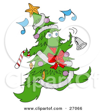 Clipart Illustration of a Jolly Christmas Tree Character With Ornaments, A Star And Garland, Dancing And Ringing A Bell While Listening To Music by LaffToon