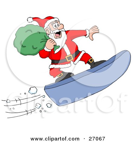Clipart Illustration of Santa Carrying His Sack And Snowboarding Down A Mountain While Delivering Christmas Presents by LaffToon