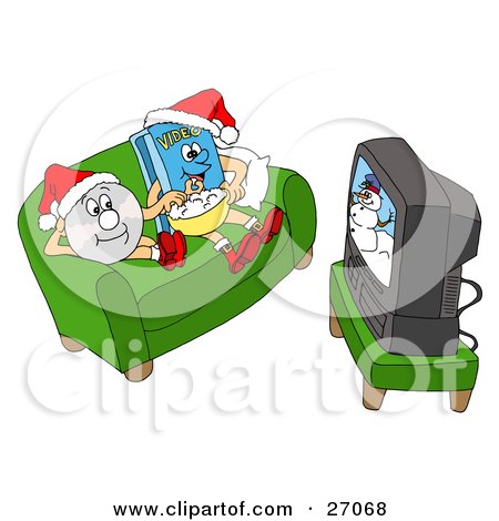 Clipart Illustration of a DVD And Video Sitting On A Couch, Wearing Santa Hats, Sharing A Bowl Of Popcorn And Watching A Christmas TV Special Of Frosty The Snowman by LaffToon