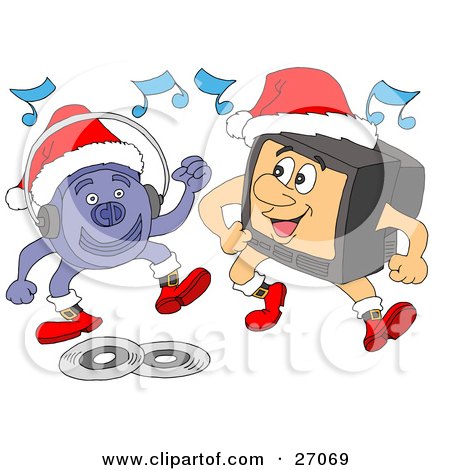 Clipart Illustration of a CD Player And Television Characters Wearing Santa Hats And Boots, Dancing And Listening To Christmas Music by LaffToon