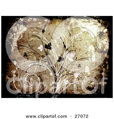 Clipart Illustration of a Brown Background With Black And White Vines And Leaves And Splatters With A Canvas Texture by KJ Pargeter