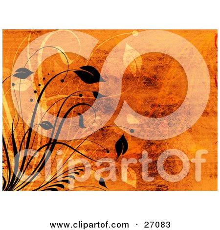 Clipart Illustration of Black And Yellow Vines Scrolling Over A Grunge Orange Background by KJ Pargeter