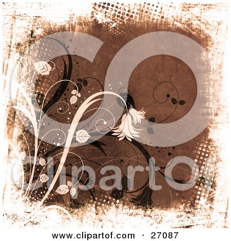 Clipart Illustration of a Textured Brown Background Bordered By Grunge Circles And Pale Pink And Blank Flowers And Vines by KJ Pargeter