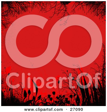 Clipart Illustration of a Grungy Red Background Bordered By Black Silhouetted Bare Branches And Flowers by KJ Pargeter