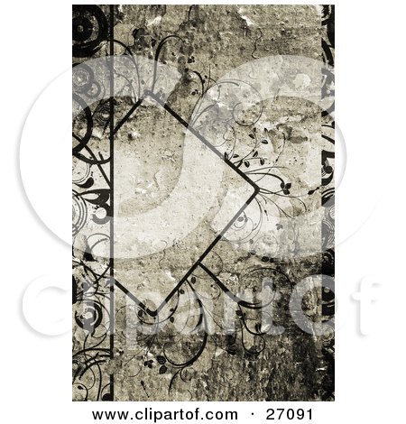 Clipart Illustration of a Black Diamond With Text Space, Adorned With Delicate Black Curly Vines Over A Painted Texture Background by KJ Pargeter