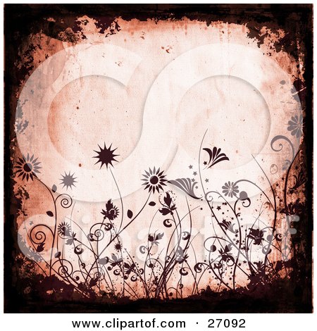 Clipart Illustration of a Pink Grunge Background Bordered By Black Grunge And Silhouetted Maroon Flowers by KJ Pargeter