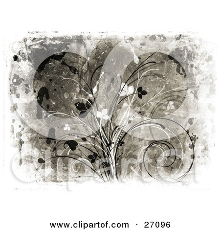 Clipart Illustration of a Gray Background With Black And White Vines And Leaves And Splatters With A Canvas Texture by KJ Pargeter