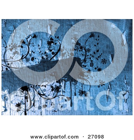 Clipart Illustration of a Blank Blue Text Box With Vines, Flowers And Paint Dripping From The Borders, On A Peeling Paint Background by KJ Pargeter