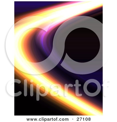 Clipart Illustration of a Curve Of Purple, Yellow And White Light Over A Black Background by KJ Pargeter