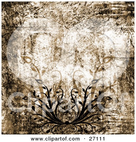 Clipart Illustration of a Black And Tan Flourish Along The Bottom Of A Brown Grunge Background by KJ Pargeter