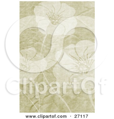 Clipart Illustration of a Floral Background Of Three Faded Flowers On A Tan Grunge Canvas Textured Background by KJ Pargeter