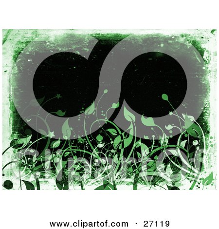 Clipart Illustration of a Black Background Bordered By Green And White Grunge With Green Leaves Along The Bottom by KJ Pargeter