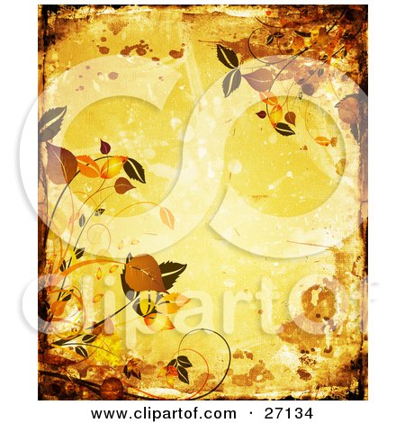 Clipart Illustration of a Yellow Grunge Background With Splatters And Smears, Bordered By Orange And Brown Leaves And Scrolls by KJ Pargeter