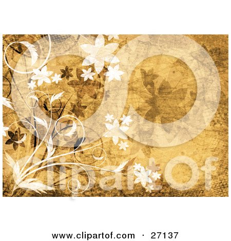 Clipart Illustration of White And Black Flowers And Vines With Grunge Textures Over A Brown Background by KJ Pargeter