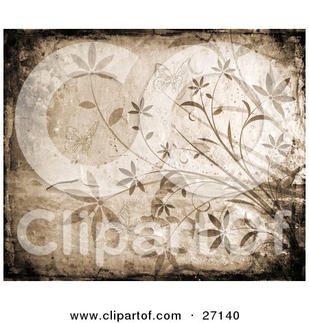 Clipart Illustration of a Brown Background Bordered By Black Grunge And Faded Flowers And Butterflies by KJ Pargeter
