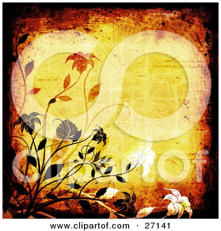 Clipart Illustration of a Yellow Background With Scratches And Scuffs, Bordered By Black Grunge And Black, White And Orange Flowers And Vines by KJ Pargeter