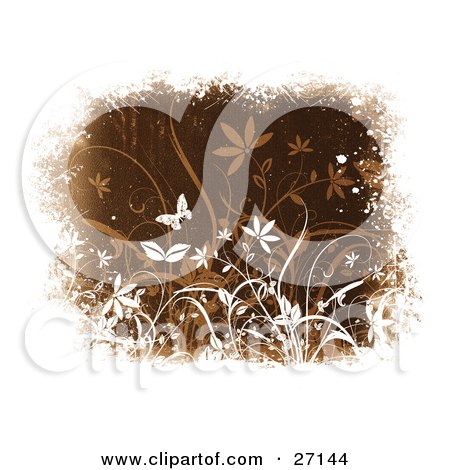 Clipart Illustration of a White Butterfly Fluttering Over White And Brown Plants On A Brown Textured Background Bordered By White Grunge by KJ Pargeter